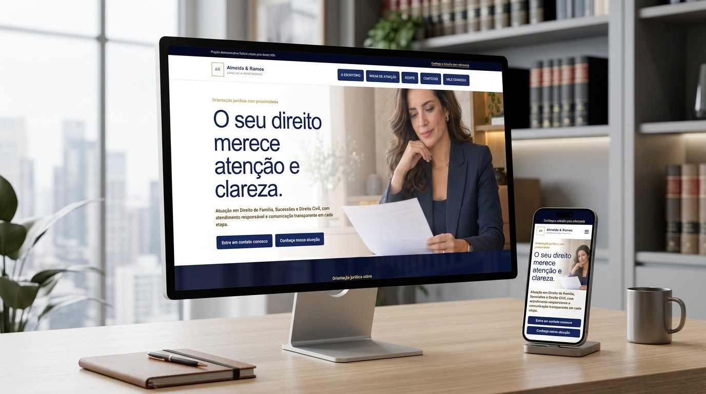 Mockup do site Almeida e Ramos em um computador e celular sobre uma mesa de escritório
