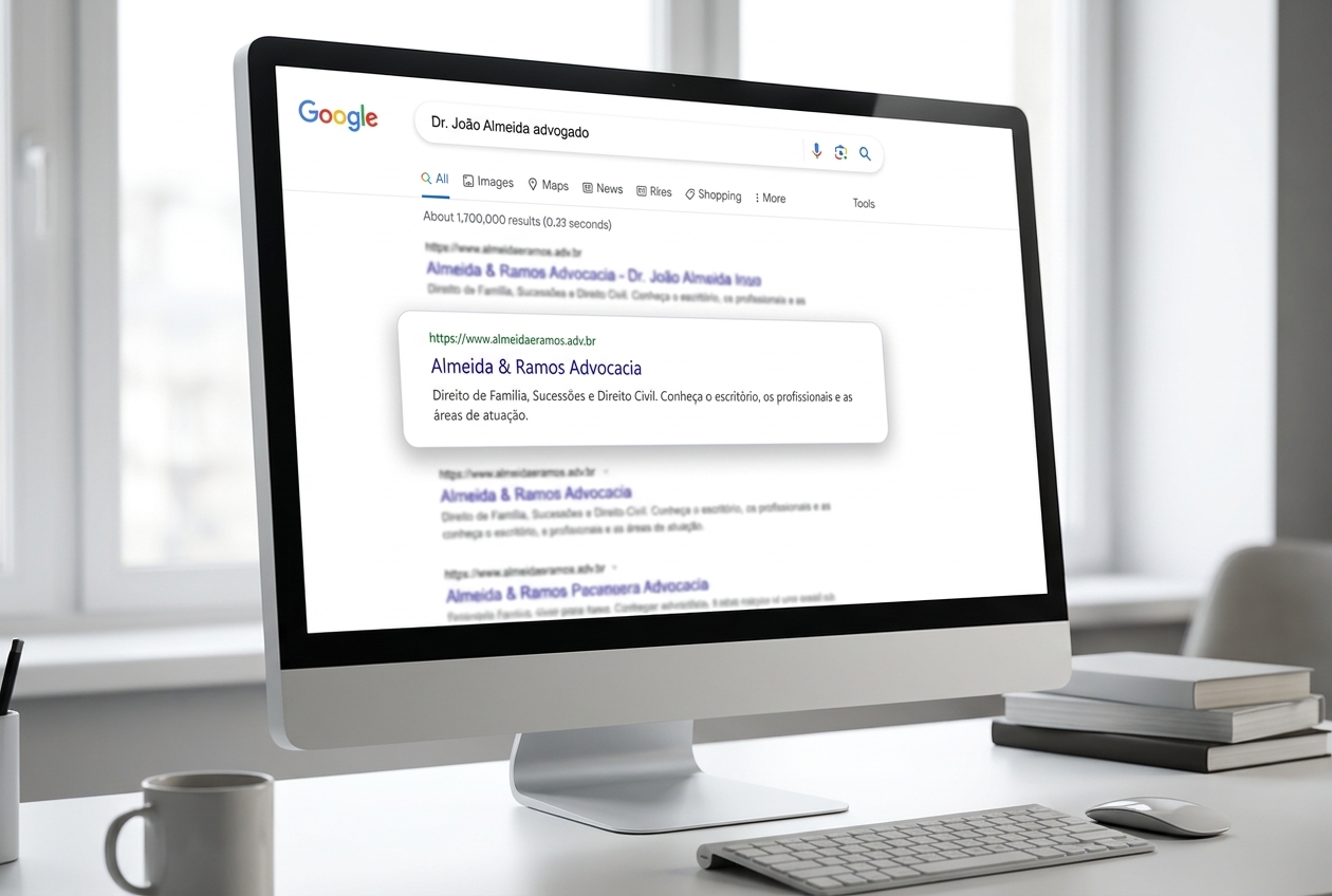 Simulação ilustrativa de uma pesquisa no Google por um advogado, exibida em um computador